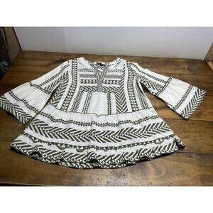 John Mark Jacquard Woven Geometric Print Split V-Neck 3/4 Bell Sleeve Top Size S